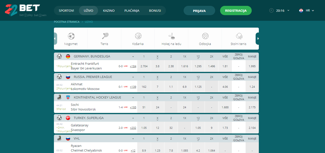 22Bet klađenje uživo
